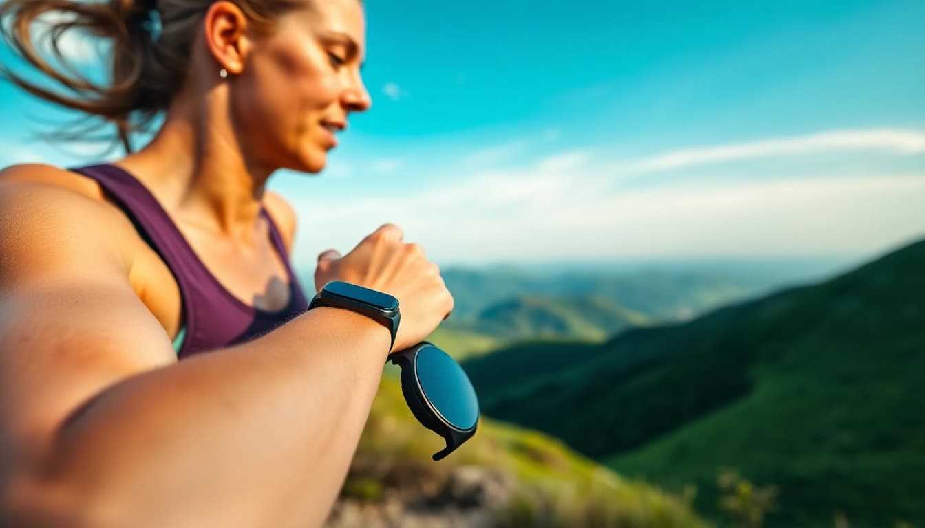 Runner showcasing a Coros smartwatch on a vibrant mountain trail.