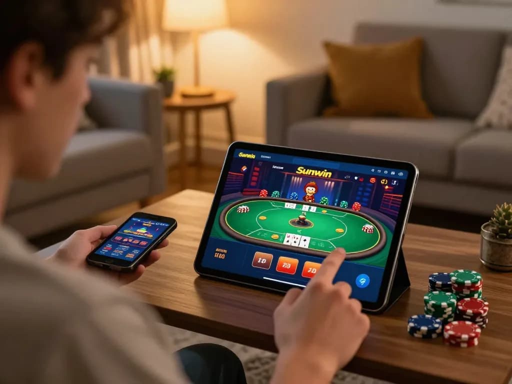 Player engaging with the Sunwin casino app on a tablet in a cozy gaming setup, showcasing a poker game.