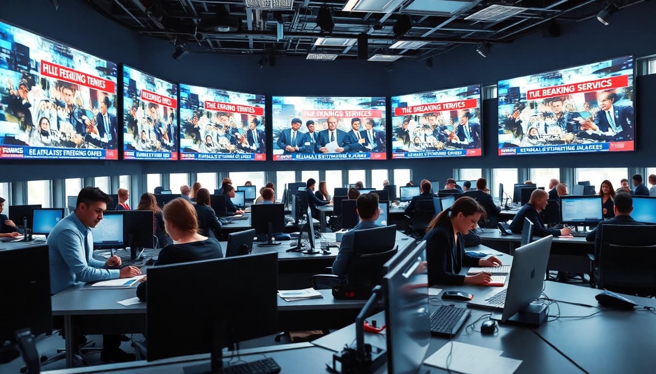 Journalists reporting breaking news in a dynamic newsroom setting