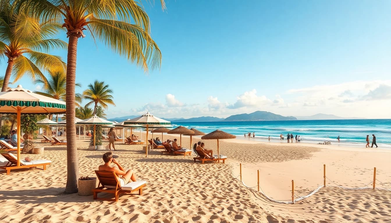 Travel destinations in December featuring a beautiful beach with sunny ambiance and festive decorations.