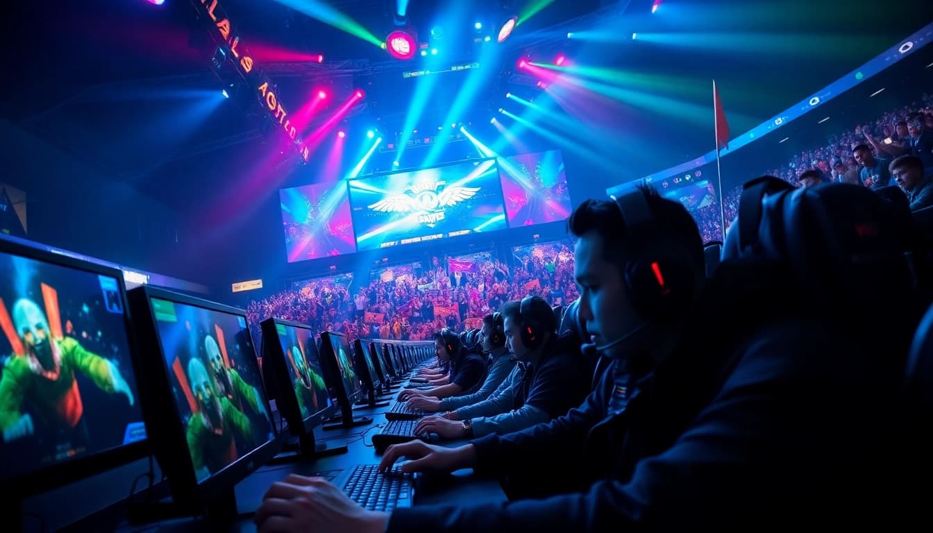 Daftar ggsoft game menampilkan gamer profesional terlibat di arena eSports yang bersemangat.