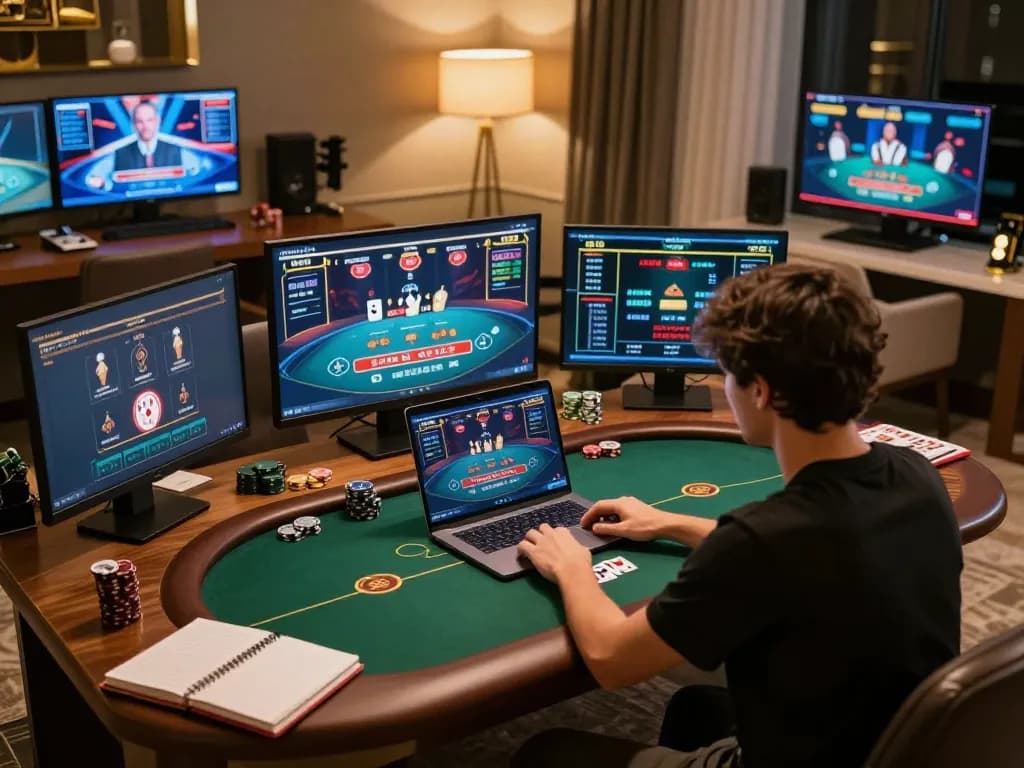 Player engaging with dn88 online casino on laptop, showcasing a high-stakes poker game in luxurious home office.