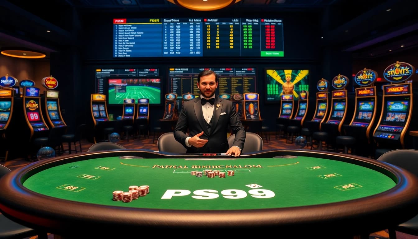 Exciting PS99 casino scene with vibrant gaming tables and slot machines.