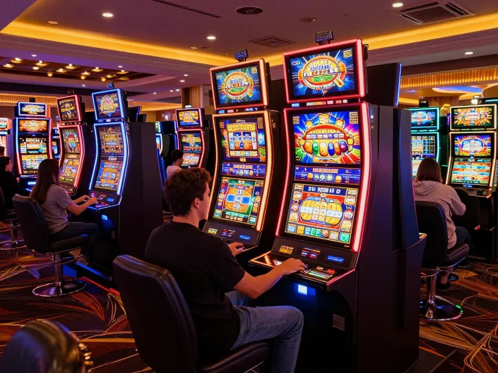 Players enjoying slot machines in a lively casino atmosphere, showcasing vibrant gaming excitement.