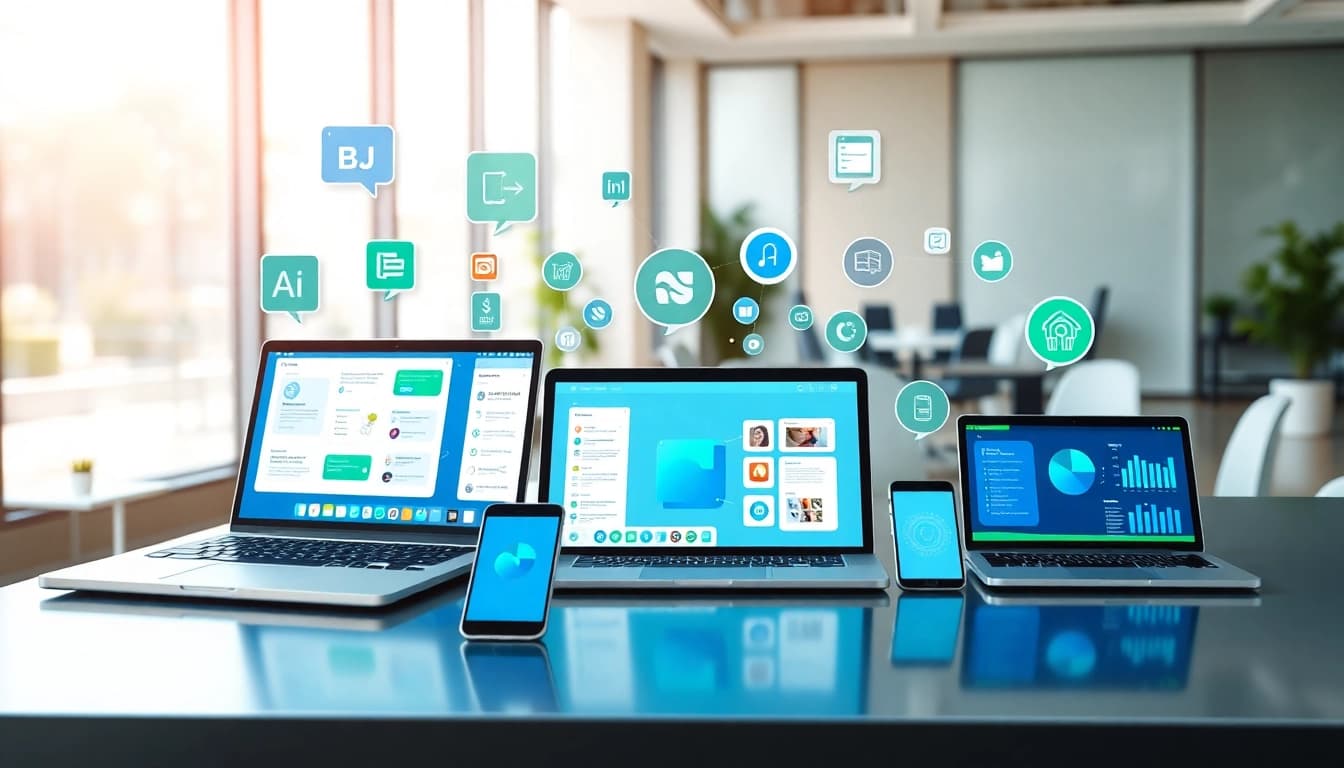 Find the best AI Tools displayed in a modern digital workspace with vibrant technology.
