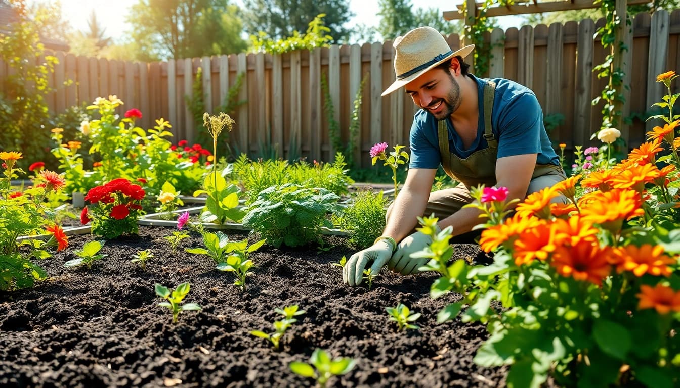 Gardening enthusiast planting seedlings in a thriving garden full of vibrant flowers and vegetables.
