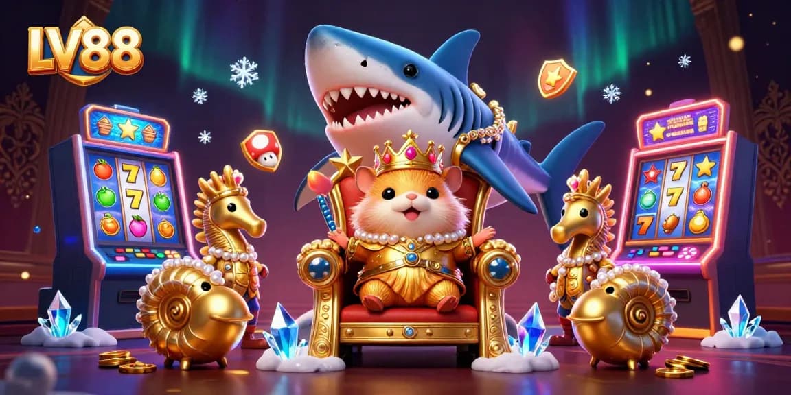 Experience thrilling gaming with LV88's vibrant 3D illustration of slots and royal characters.