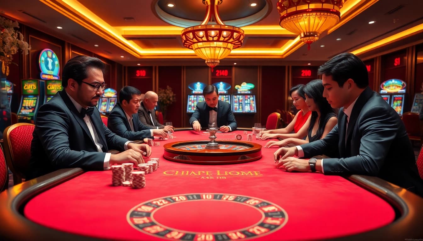 Players strategizing at the HM88 casino table, surrounded by vibrant poker chips and cards.