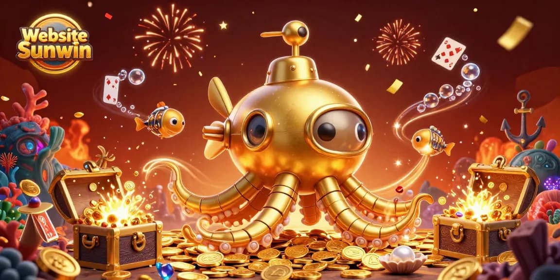 Experience the thrilling adventures at Website Sunwin with a vibrant casino-themed underwater scene featuring dynamic characters and treasure.