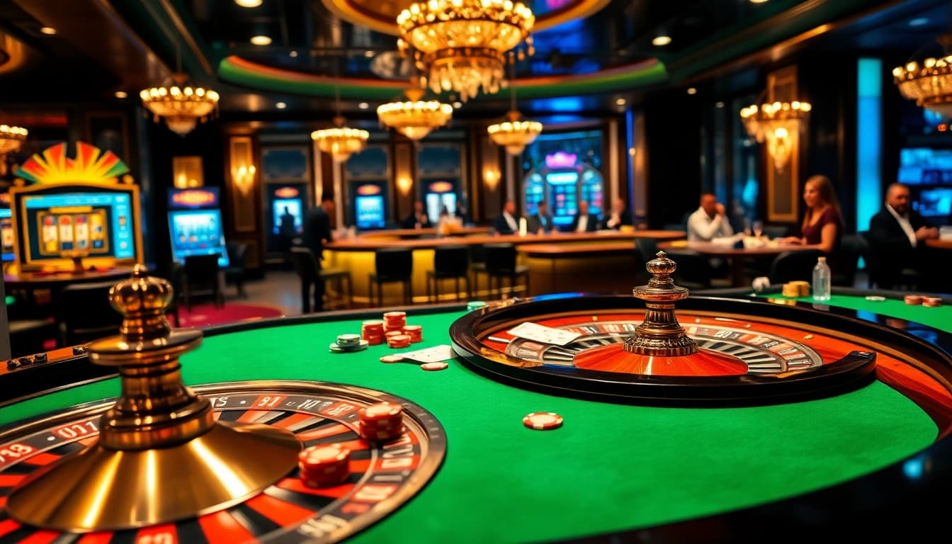 Experience high-stakes gaming at EV88, featuring a glamorous roulette table and lively atmosphere.