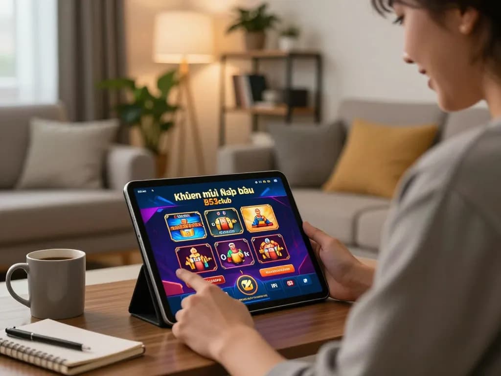 Engaging gamer utilizing Khuyến mãi nạp đầu B52club in a cozy home setting, showcasing online casino interface