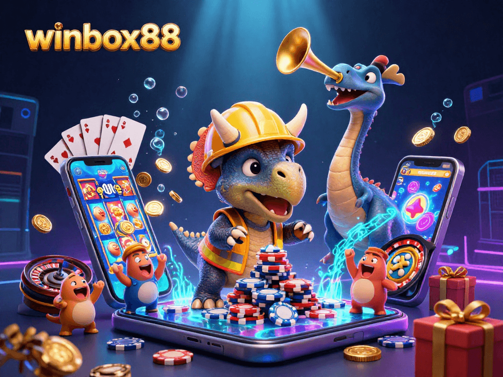 Engage in thrilling gaming action at winbox88 with animated dinosaurs and casino elements.