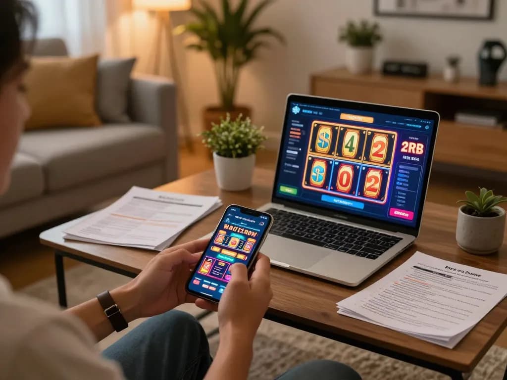 Engaged player enjoying online slots using mobile, exploring slot deposit 2rb options while strategizing.