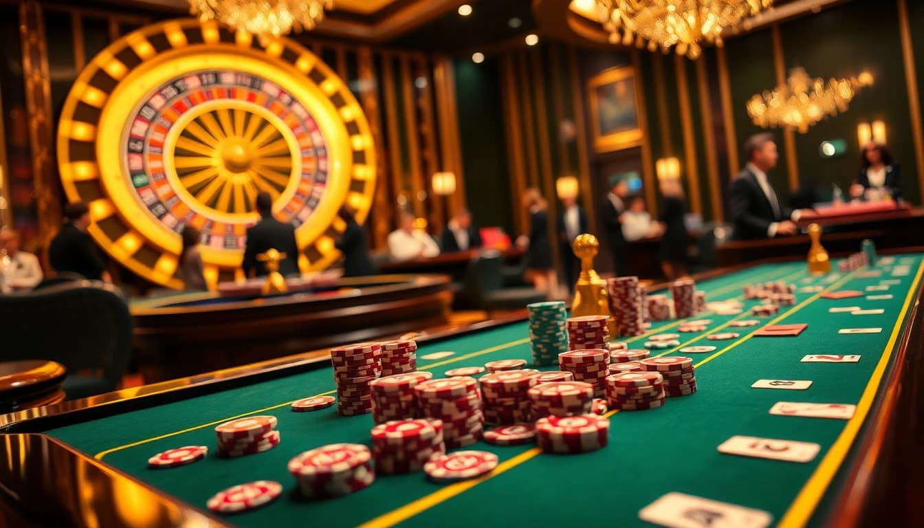 Players enjoying a thrilling game at KJC casino tables, surrounded by excitement and vibrant atmosphere.