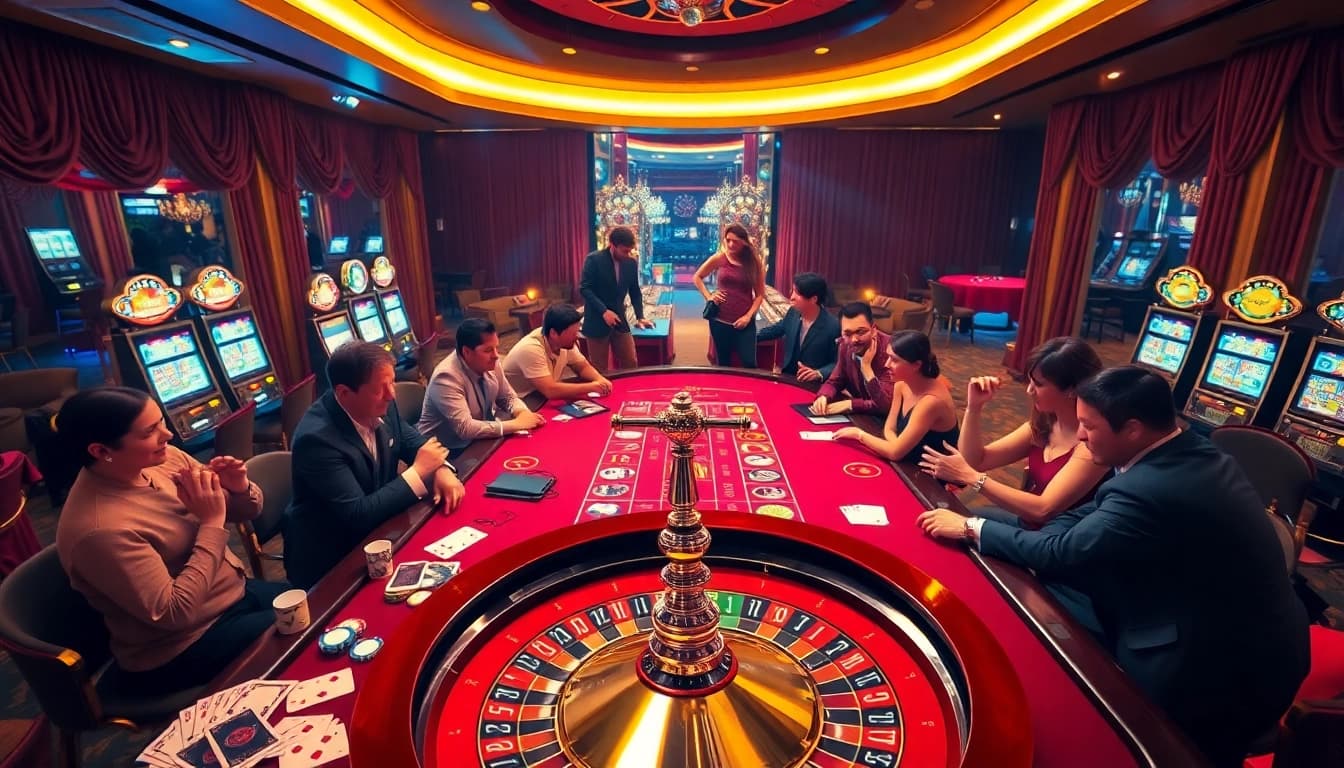 Engage in thrilling gameplay at jun88pl.com, showcasing vibrant casino tables and energetic players.
