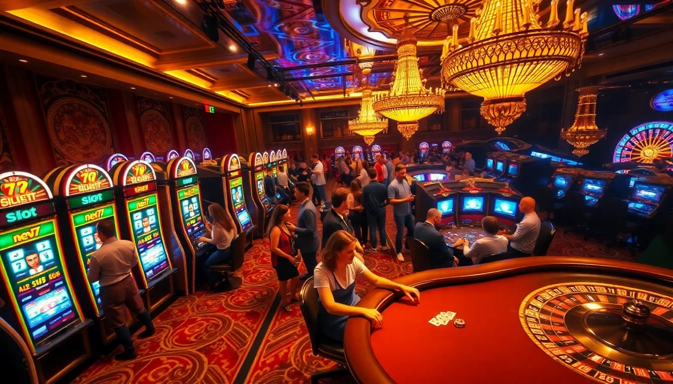 Excited players engaging with vibrant new77 slot machines in a luxurious casino environment.