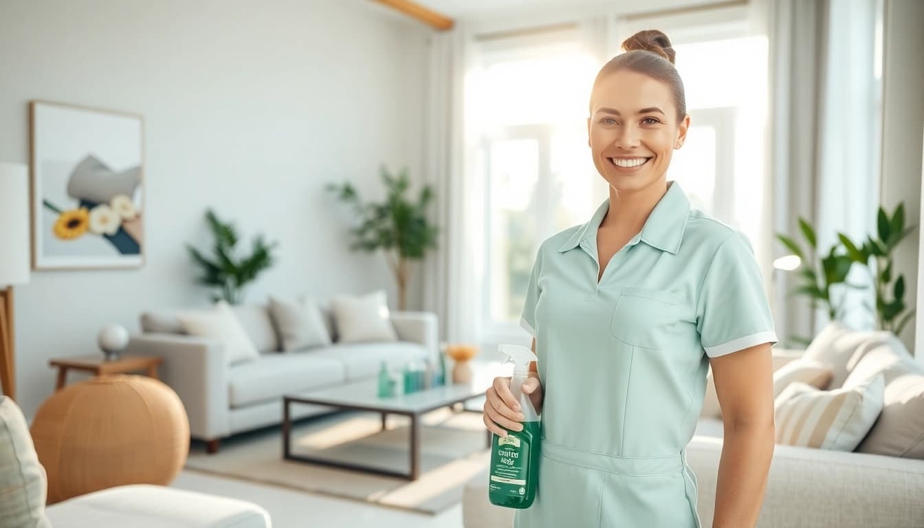 Showcasing a cleaning service professional enhancing a home's cleanliness with eco-friendly products.