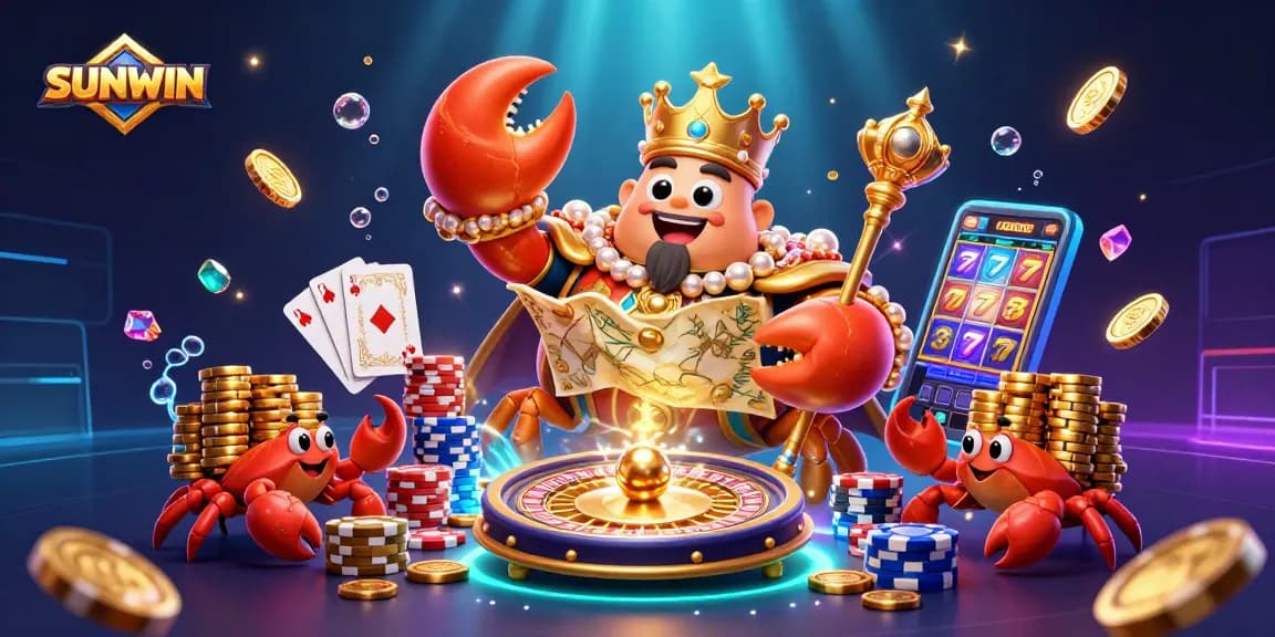 SUNWIN offers thrilling gameplay with a golden crab emperor and vibrant casino elements.