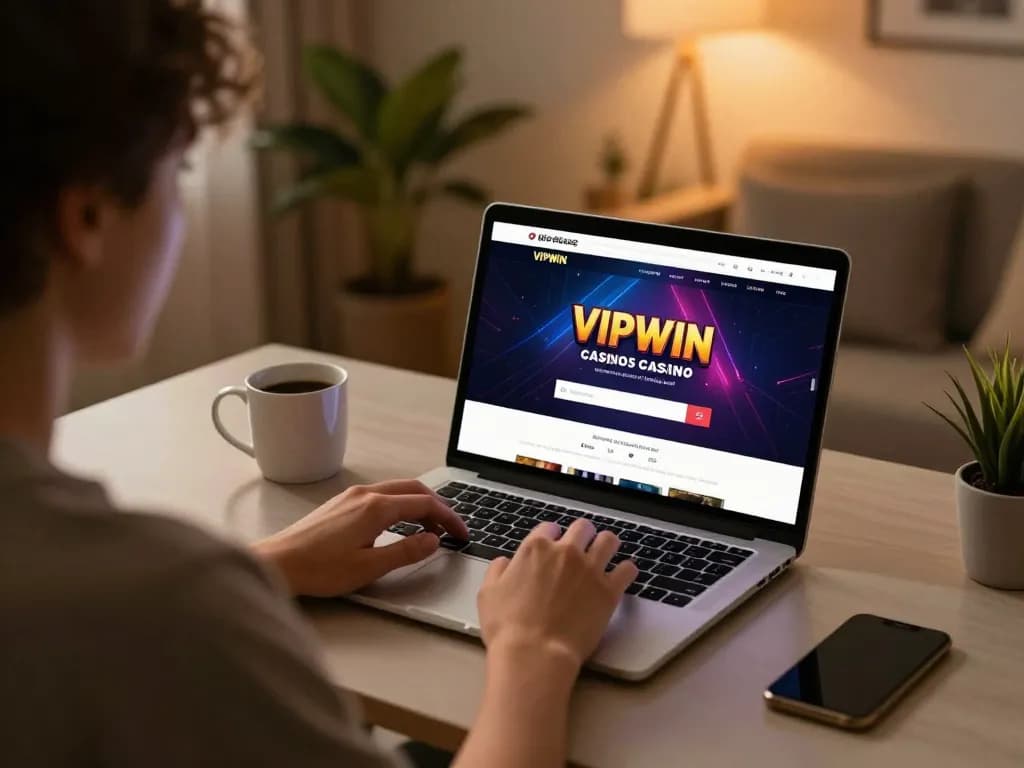 Gambling at VIPWIN: Player focuses on casino games on laptop with strategic notes.