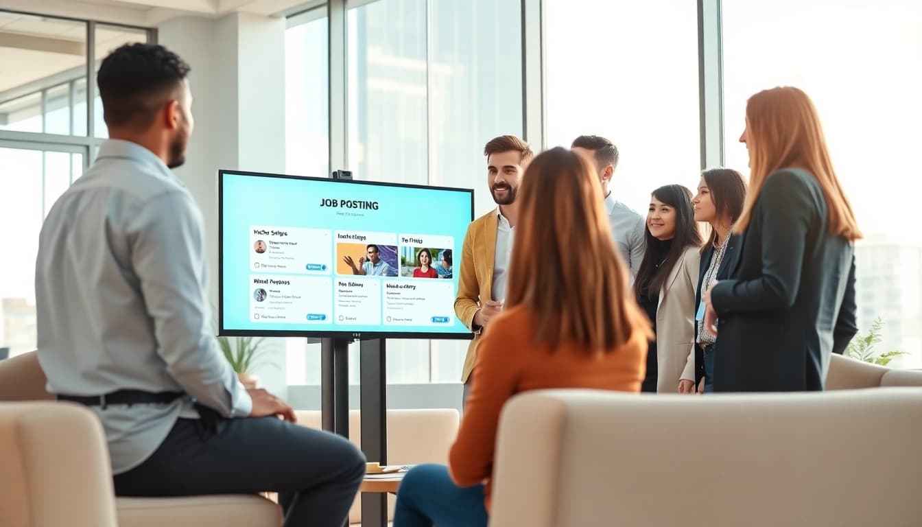 Engage with a free job post showcasing diverse professionals in a modern office environment.