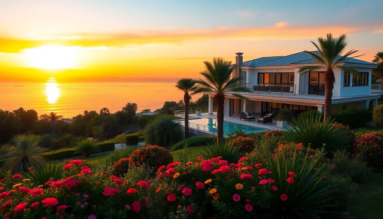 Stunning villa showcasing property for sale in alanya turkey against a beautiful sunset.