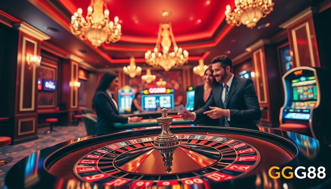 Players enjoying a thrilling game at GG88 casino, featuring roulette and stylish slot machines.