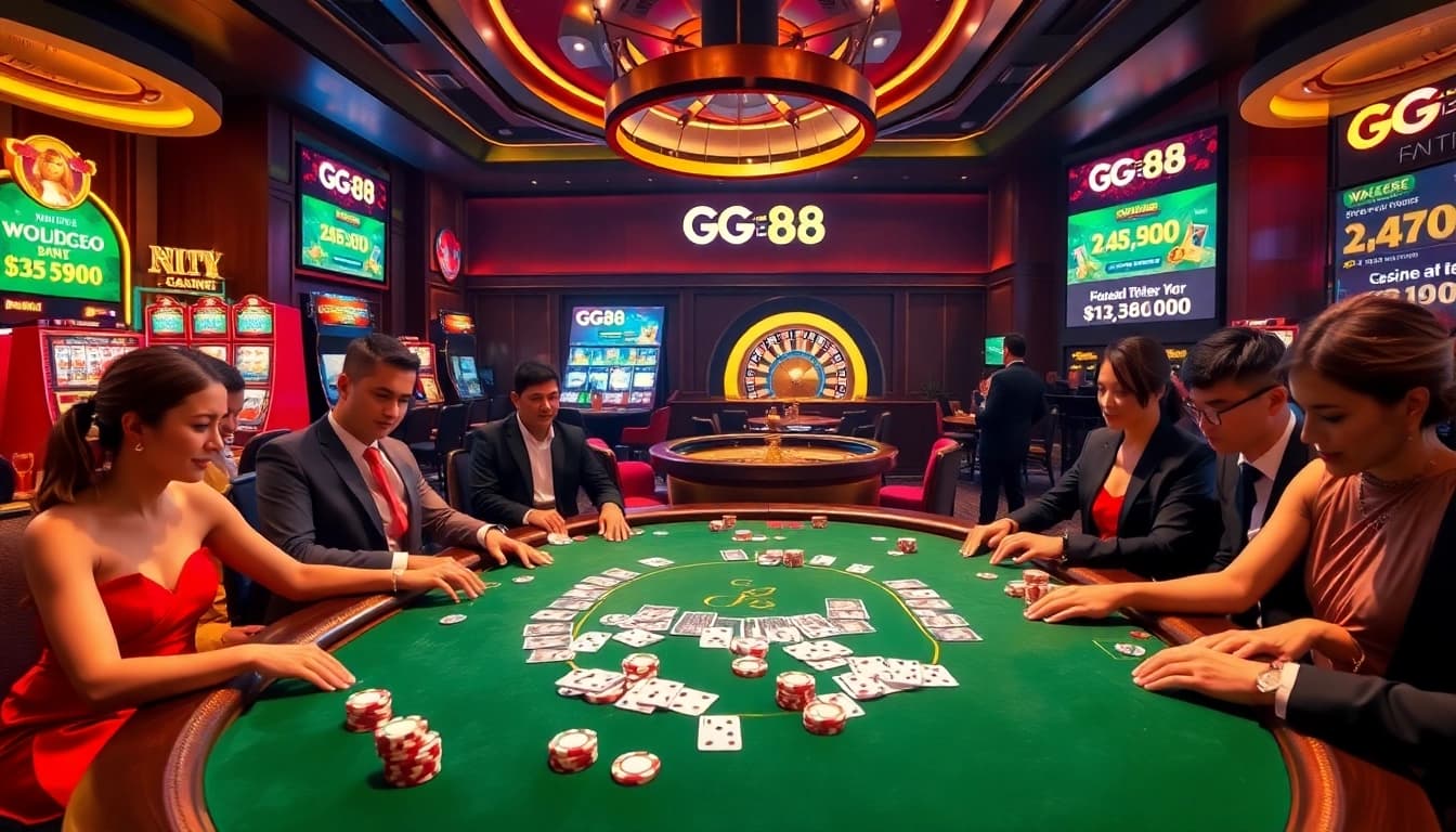 Experience the excitement of GG88 with players enjoying poker at a luxurious casino scene.