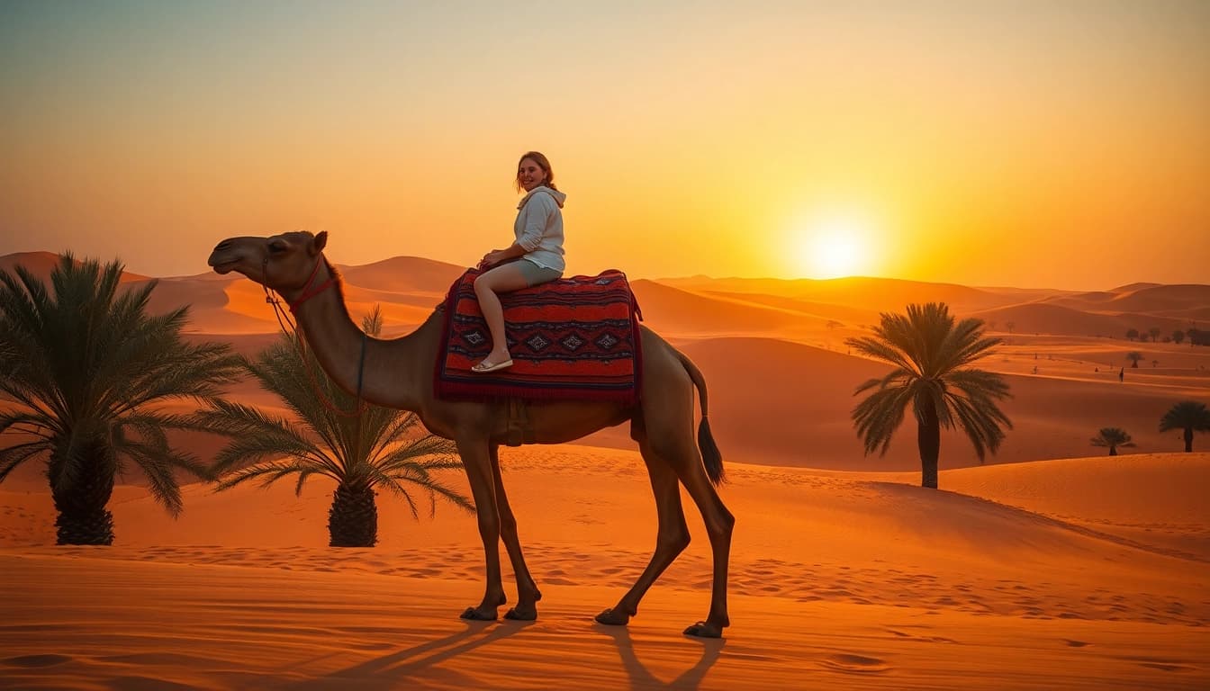 Camel ride Marrakech adventure through the stunning Agafay Desert at sunset.