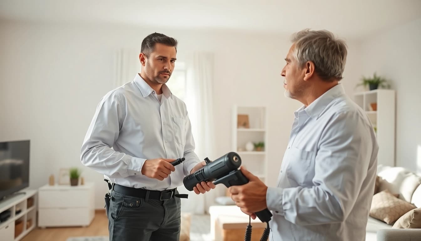 Experienced bed bug exterminator demonstrating pest control techniques in a bright living room.