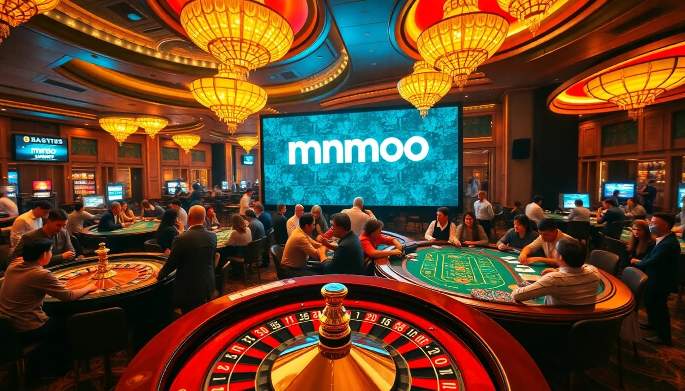 Experience thrilling gameplay with mmoo at a vibrant casino filled with poker tables and roulette wheels.