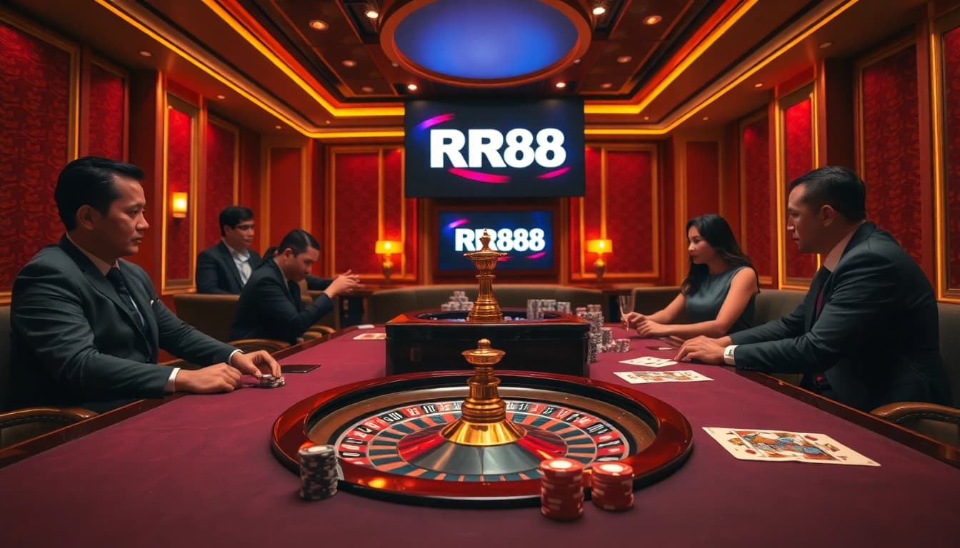 Experience exciting gameplay at RR88 with players enjoying poker at a luxurious casino table.