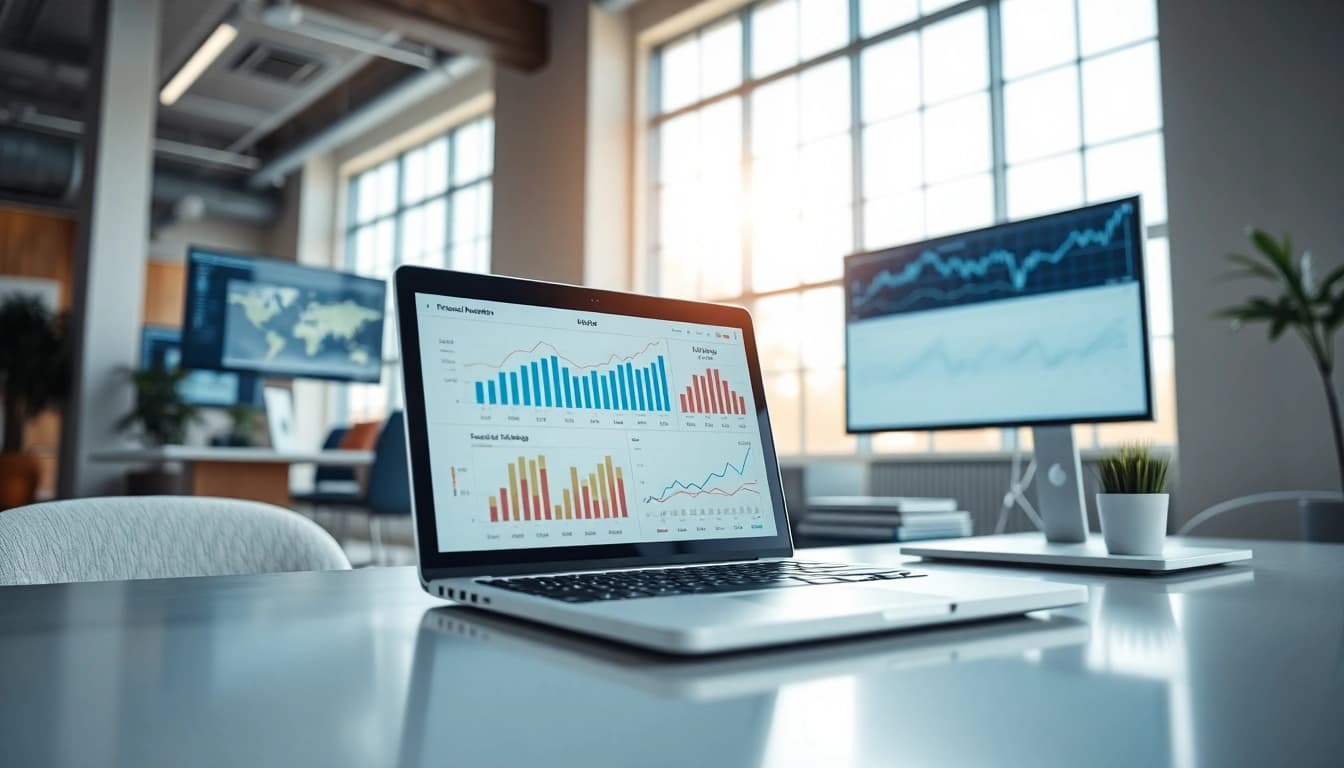 Analyze rates with https://m.check-rates.com displayed on a stylish laptop in a modern office setting