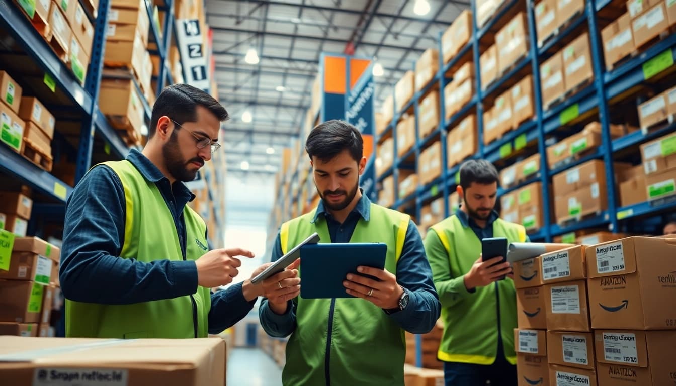 Dynamic Amazon warehouse scene showcasing the efficiency of the Amazon repricing tool in action with workers managing inventory.