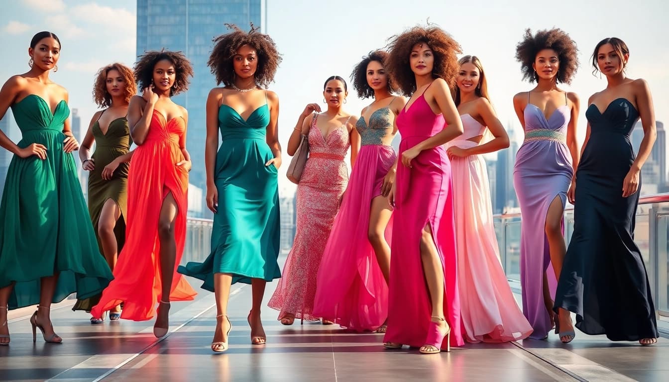Showcase of vibrant custom dress designs at https://primadonsanddonnas.com featuring diverse models stylishly posed.