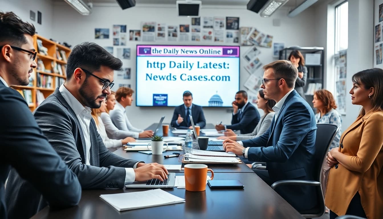 Journalists collaborating in a vibrant newsroom at https://www.thedailynewsonline.com, capturing the essence of news reporting.
