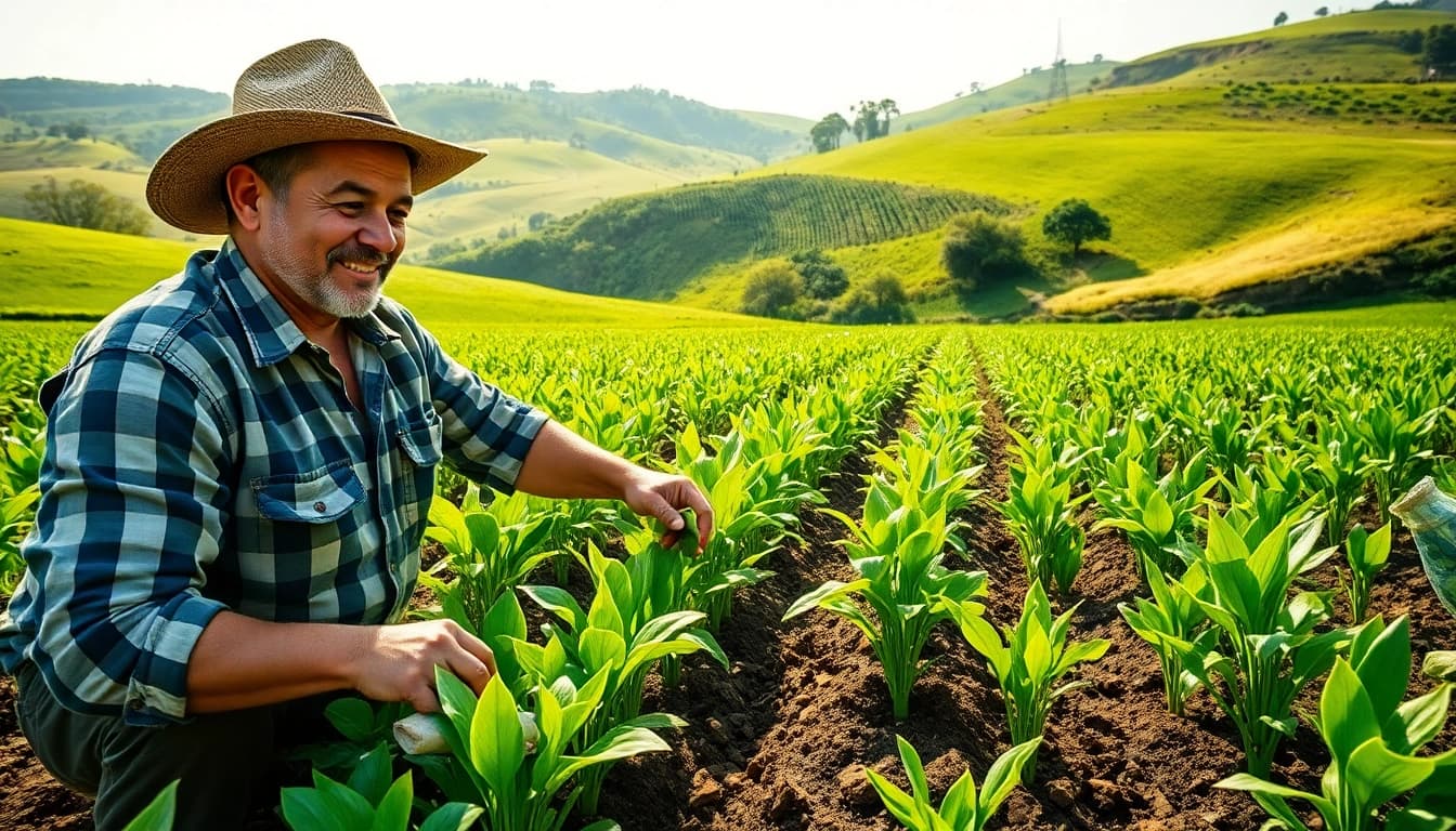 Menyirami tanaman petani toto dengan semangat di ladang hijau subur
