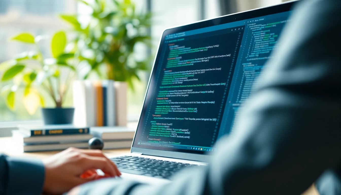Web developer optimizing meta tags on a laptop in a modern office environment.