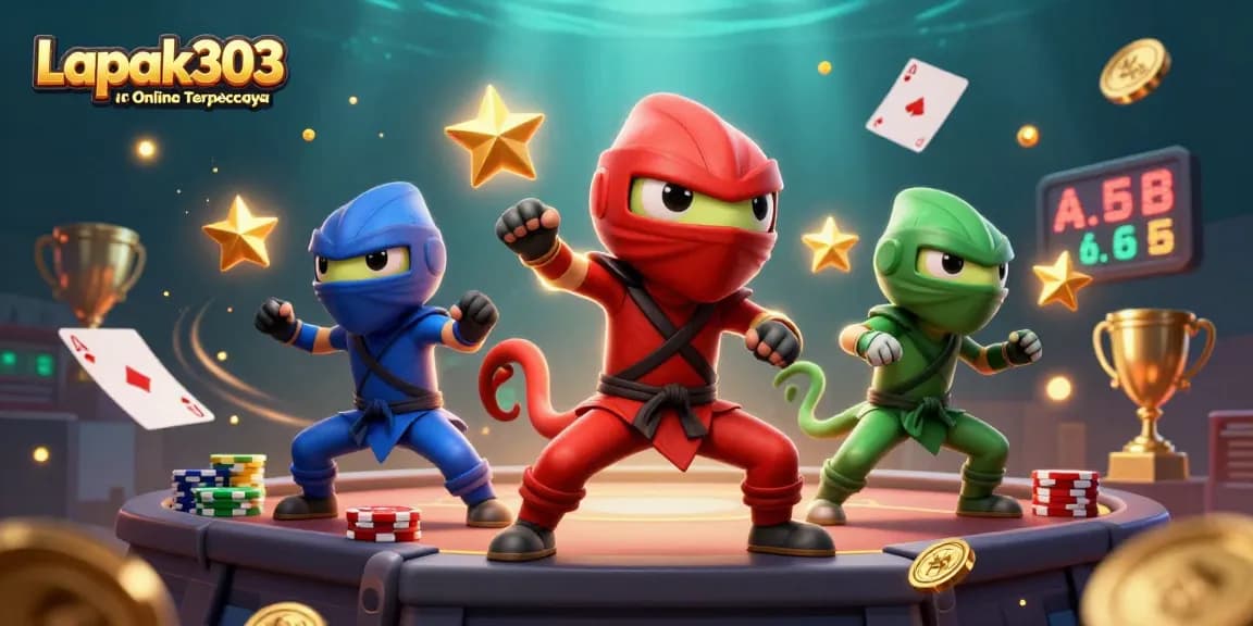 Engage in immersive gameplay with Lapak303 Poker Online Terpercaya, featuring vibrant chameleons and poker elements.