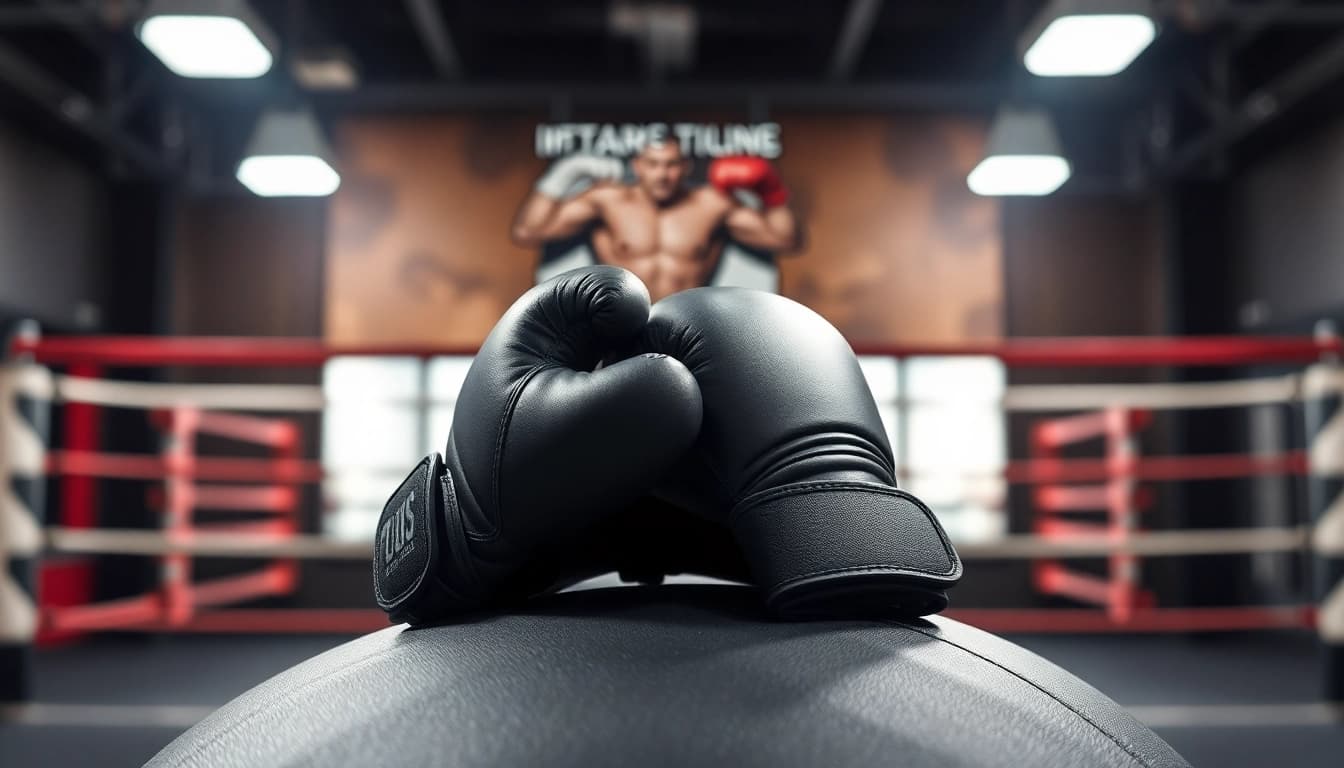 MMA gloves resting on a training bag, showcasing their design and craftsmanship in a gym setting.