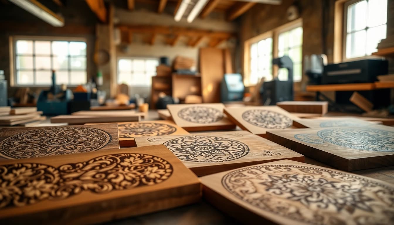 Showcasing intricately crafted laser engraving designs on wood and acrylic in a bright workshop.