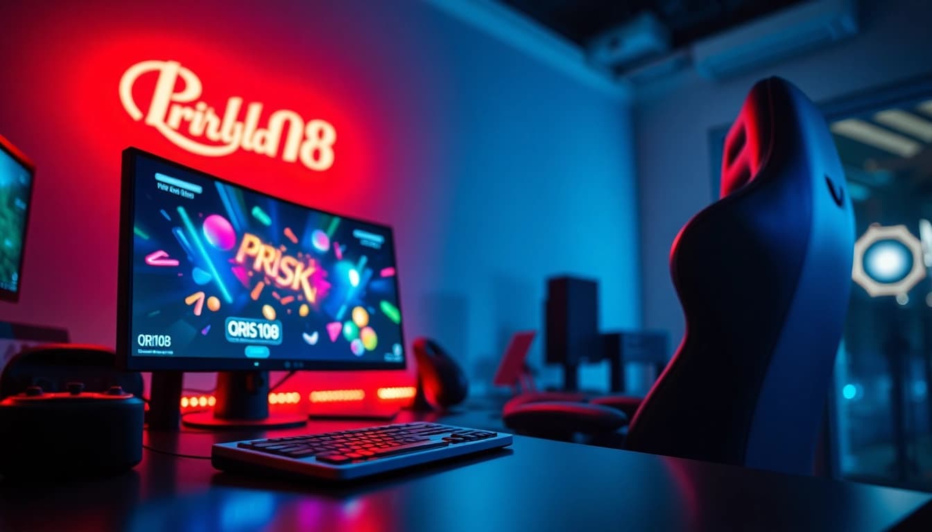 Mainkan QRIS108 Slot dengan setup gaming canggih yang berwarna cerah dan menarik