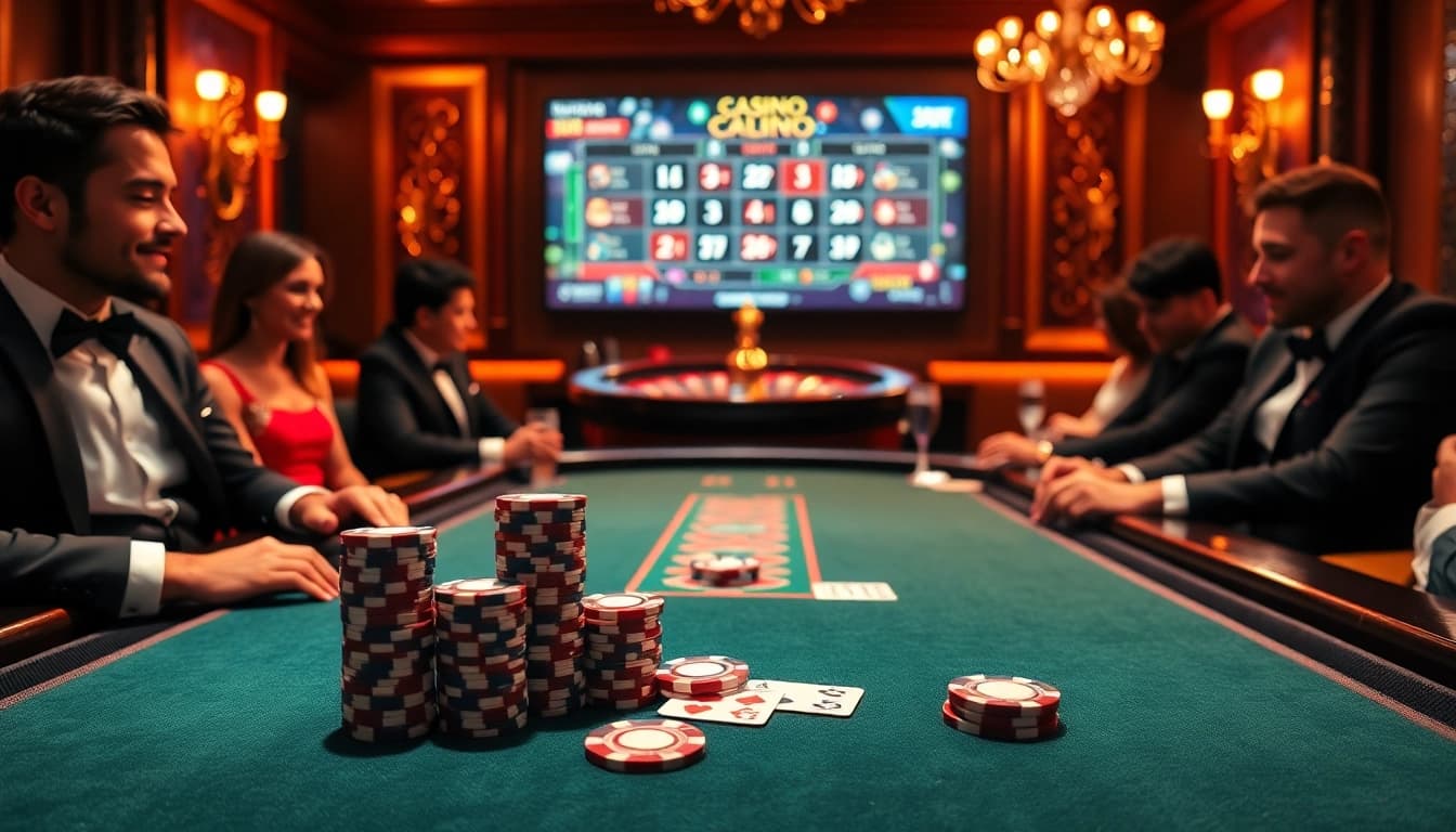 Action de poker à enjeux élevés à une table de casino en ligne luxueuse avec des jetons et des cartes vibrants.