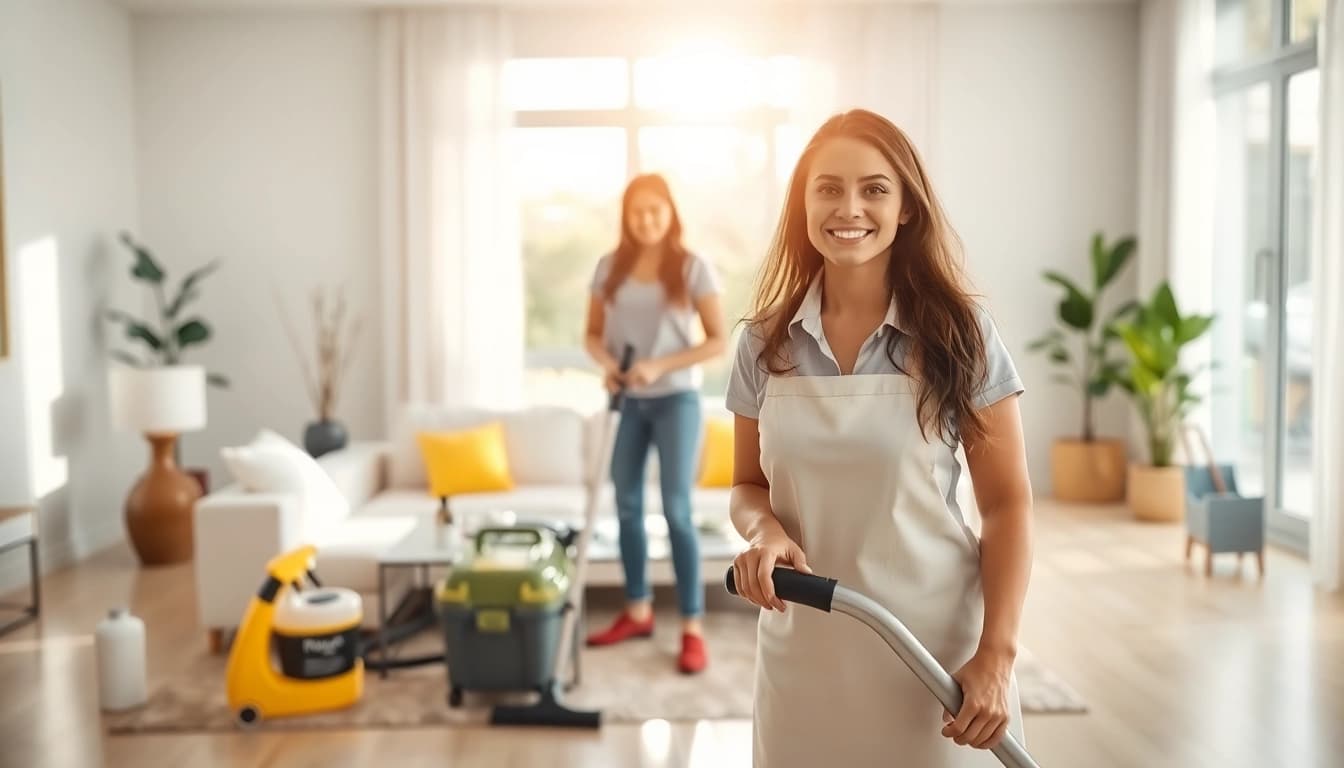 Cleaning service team professionally tidying a bright, modern living room environment.