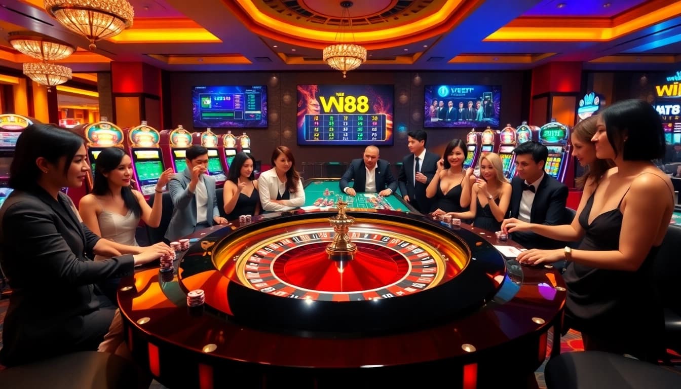 Engaging players around a roulette table at VN88 casino, showcasing vibrant gambling excitement.