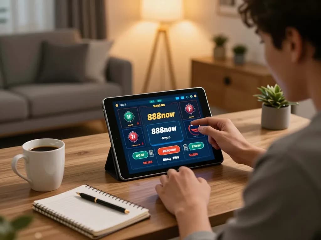 Engaging with 888now đăng nhập on a tablet for an exciting online gaming experience at home.
