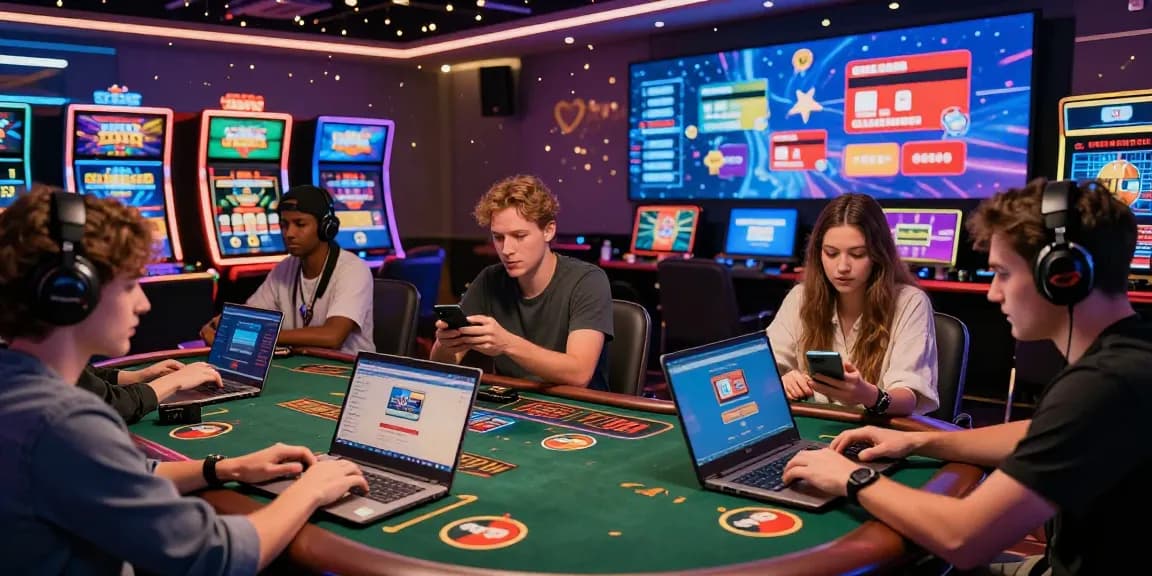 Exciting gaming scene at online casinos that accept credit cards, featuring diverse players engaged in various games with Visa and Mastercard icons.