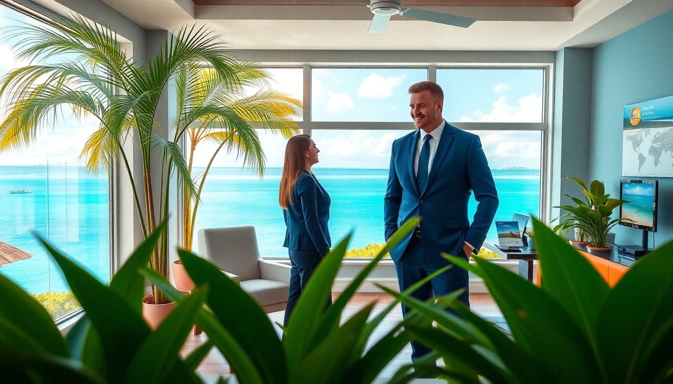 Dustin Rennie engaging with clients in a Belizean real estate office, showcasing professionalism and tropical ambiance.