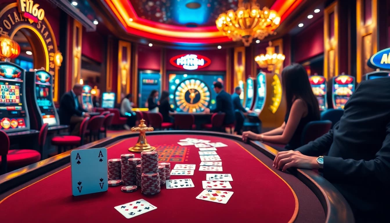 Experience F168's thrilling casino environment with immersive gambling action at poker tables and roulette wheels.