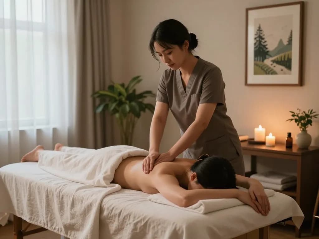 편안한 환경에서 진정한 경험을 제공하는 논현동마사지 치료사를 보여주는 휴식 중심의 장면.