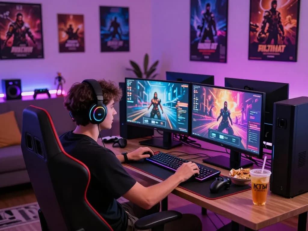 Engaged user enjoying a porn game online in a vibrant gaming lounge.